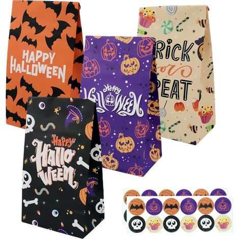 24Pcs Pochette Cadeau Anniversaire Enfant,Halloween Sac Papier Cadeau Petit avec 24 Autocollants 24x13x8cm,Pochette Cadeaux Papier Kraft,Sachet Bonbon Anniversaire pour Halloween Fête (1/5)