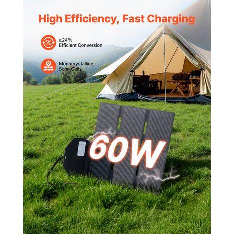 Panneau Solaire Portable 60 W Chargeur Solaire Pliable Monocristallin Type N 16BB pour Stations d'Alimentation, Camping, Randonnée,… (1/5)