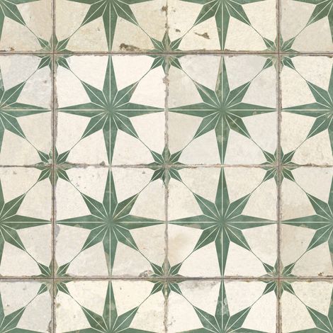 Carrelage Vintage effet Carreau ciment 3D Etoile Verte et Fond Blanc 45x45x0,95 cm Sparta - Sol et mur intérieur (vendu par carton de 1 m²) - RO'MA CARRELAGE