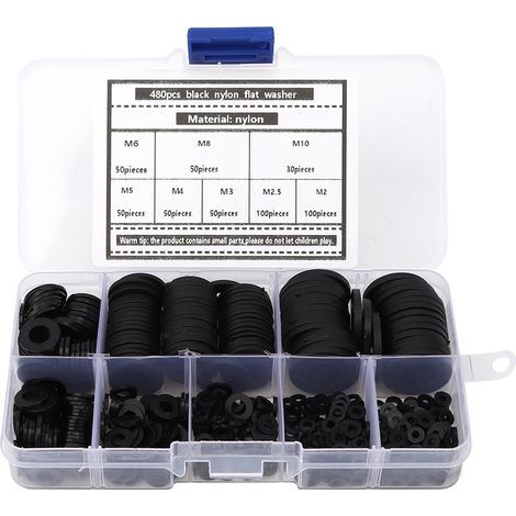 Satz mit 480 schwarzen Nylon-Unterlegscheiben M2 bis M10 für Flachverbindungen und Baugruppen (1/5)