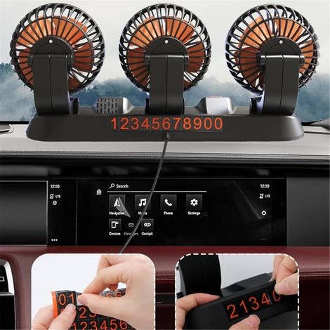 Ventilateur de voiture à 3 têtes, ventilateur portable à refroidissement par air, ventilateur électrique silencieux, rotation à 360°, 2 vitesses de ventilation, affichage du numéro de téléphone (1/5)