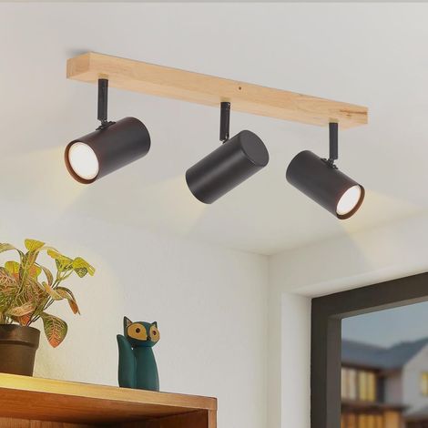 GBLY Applique Murale Plafonnier noir à 3 spots en bois et métal rétro moderne avec douilles GU10, orientables à 350° pour éclairer différentes zones du salon, de la chambre, du bureau - Ampoules non i