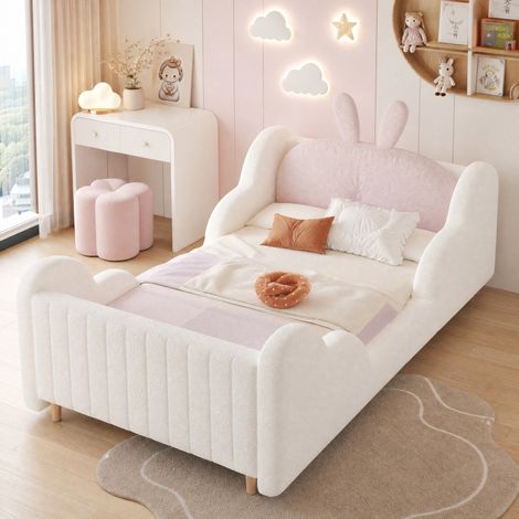Lit enfant rembourré 90 x 200 cm, dossier lapin, barrières nuage, tissu boucle blanc, sans matelas (1/5)