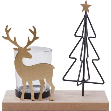 TrendLine Teelichthalter Holz-Metall mit Hirsch und Tannenbaum 15 x 15 cm natur-schwarz Teelichthalter