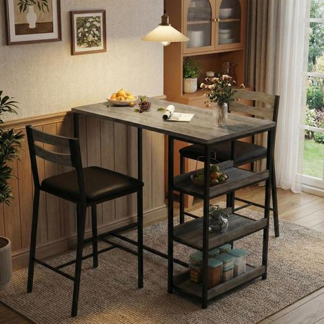 Esstisch Set 3-teilig mit 2 Stühlen und 3 Regalen, platzsparend, grau (1/5)