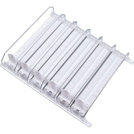 Distributeur de boissons auto-propulsé, 6 rangées, largeur réglable, à ressort, grande capacité (38 cm), blanc, pour réfrigérateur. (1/5)