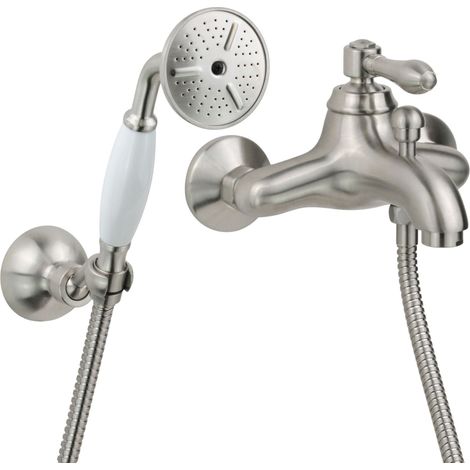Miscelatore vasca a parete modello retrò colore nichel spazzolato completo di set doccia Gattoni Oxford 3100/31NS  Nichel spazzolato