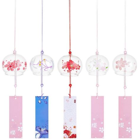 Glas Windspiel Set 5 Stück Kirschblüten Motiv Japanisch Handgefertigt Dekoration