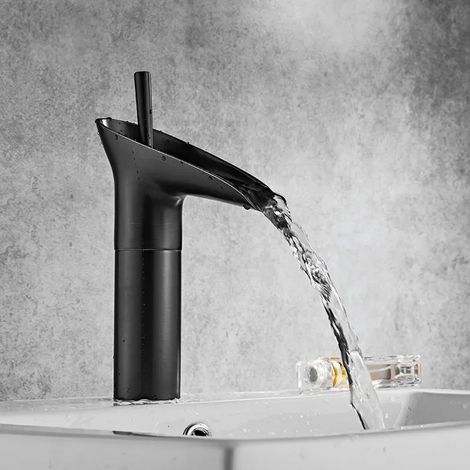 Robinet de salle de bain (noir court) à levier unique, style cascade, en laiton antique, mitigeur pour lavabo avec eau chaude et froide, robinets de style verre à vin (1/5)