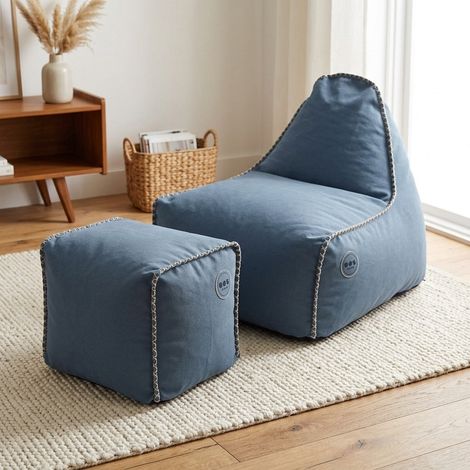 Soo Santaï Buddy's Rest fauteuil poire + repose pieds 90x60x85/45x60x35cm interieur dehoussable, surpiqures, Bleu jeans, sans polystyrène