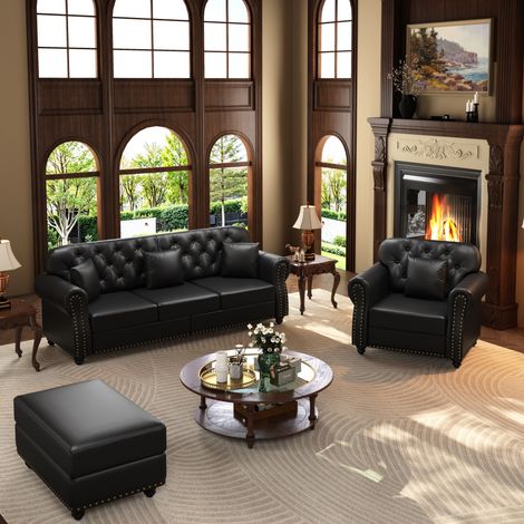 Ensemble 2 Pièces Canapé Chesterfield 4 Places avec Pouf Salon Assise Confortable à Ressorts Ensachés Simili Cuir Noir (1/5)