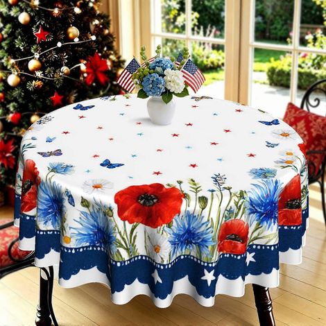 Nappe ronde imprimée aquarelle 2D motif patriotique étoiles, papillons et fleurs sauvages  1 pièce  Nappe multi-usage pour la maison, la cuisine, le jardin (1/4)