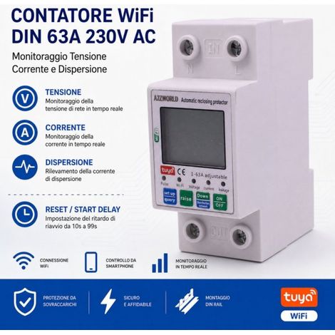 Contatore WiFi DIN 63A 230V AC, Monitoraggio Tensione Corrente e Dispersione