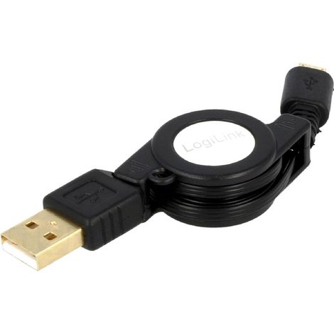 Cable USB 2.0 retractable USB A male USB B micro male 0.75m - Noir