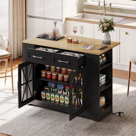 Îlot de cuisine portable 120 cm avec table de salle à manger rabattable, étagère ouverte, prise AC, port USB, porte en verre, laminé réglable, roulettes avec freins pour cuisine, salle à manger, salon (1/5)