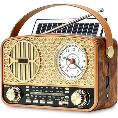 Radio solaire rétro AM/FM/SW - Radio rétro avec Bluetooth - Radio de valise vintage avec câble d'alimentation - Piles rechargeables - Avec fonction horloge - Avec fonction USB/TF/AUX - Pour bureau (1/5)