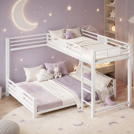 Lit superposé en L 204x204x130 cm blanc en métal avec deux couchages et barrières de sécurité (1/5)