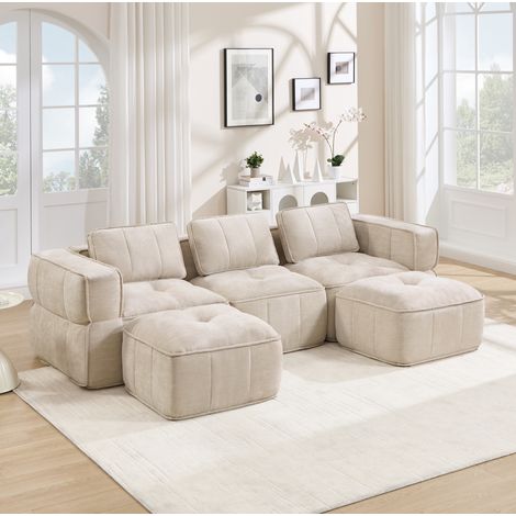 Sofá modular en U de 3 plazas 271x162x67 cm poliéster beige, 2 pufs, salón - MEUBLIV (1/5)