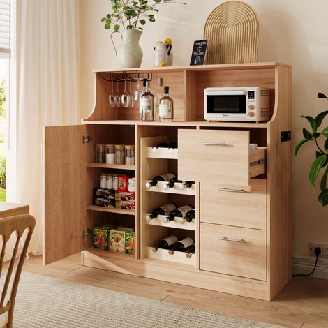 Mobile Bar con 1 Anta, 3 Cassetti, 2 Ripiani Aperti, Portabottiglie, LED e Presa, Cucina, 120 × 40 × 121 cm (1/5)