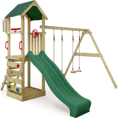 FATMOOSE Torre gioco KiwiKey con altalena e scivolo, torre da arrampicata con sabbiera, scala e accessori da gioco - verde