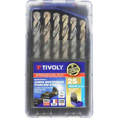 TIVOLY 11456170017 - Set G di 25 punte Premium Tbx 4f HSS cobalto con lama rivettata, affilatura a 4 lati, contiene Ø 1 a 13 mm per 1/2 mm (1/2)