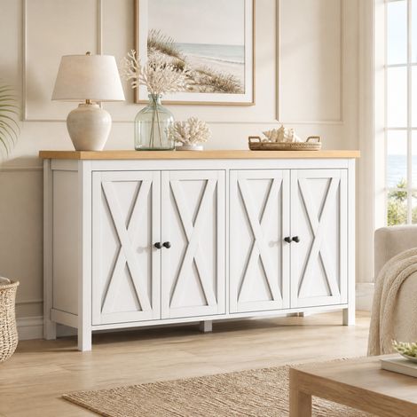 Aparador 140x40x78 cm, 4 puertas, 2 baldas ajustables, 4 compartimentos, MDF, blanco (1/5)