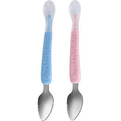 Lot de 2 cuillères à double extrémité pour enfants, manche en silicone, pour purées de fruits.-22.00X3.00X1.50CM (1/3)