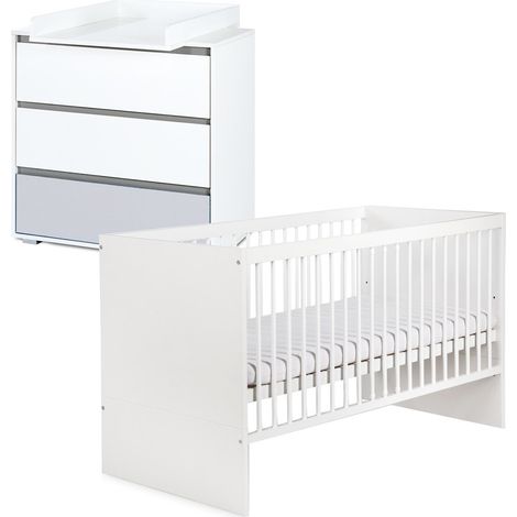 Monmobilierdesign – Ensemble commode à langer et lit bébé évolutif blanc 120x60 – Lit en bois de pin avec sommier ajustable – Commode avec 3 tiroirs spacieux