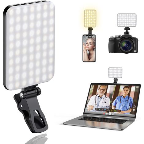 Lampe Portable à 60 LED pour Selfie, vidéoconférence avec Clip et Adaptateur trépied pour Appareil Photo, Rechargeable, 2200 mAh, IRC 97+, 3 Modes d'éclairage pour téléphone, iPhone, Webcam, (1/5)