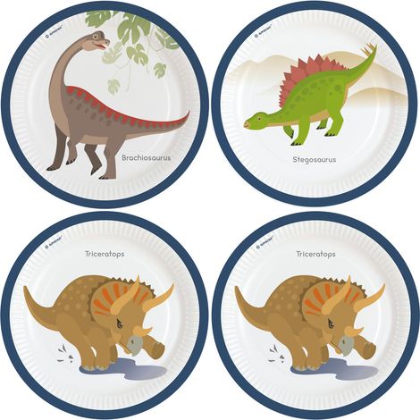 Fröhliche Dinosaurier-Teller, 23 cm, 8 Stück.