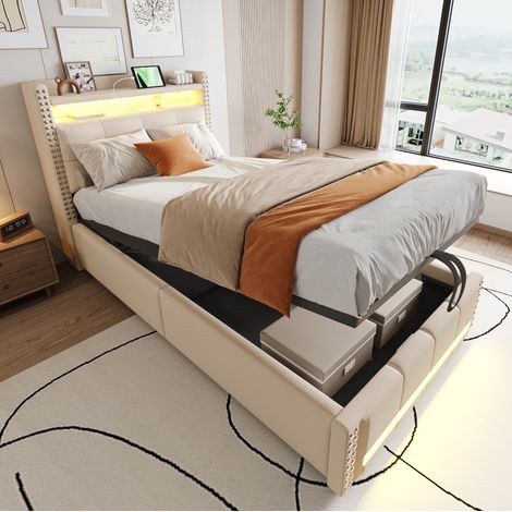 Lit rembourré moderne 90x200 cm en tissu aspect lin beige, avec tête de lit à étagères, USB, LED et coffre hydraulique (1/5)