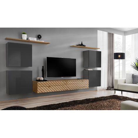 Ensemble de 7 meubles muraux "Switch IV " pour TV en bois - Gris et Beige - L 320 x H 160 x P 40 cm - Livraison gratuite