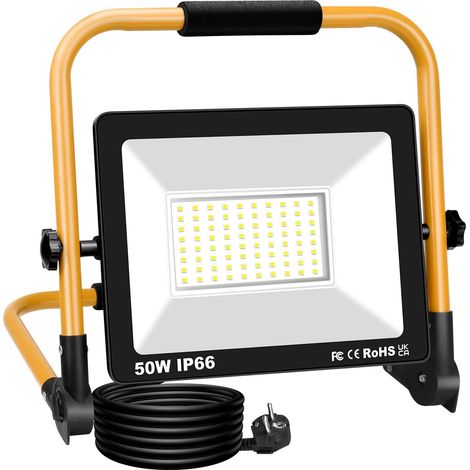 50W projecteurs de chantier, lampe d'extérieur pliable portable  5000lm, câble de 3 mètres, 6000K blanc, etanche IP66, phare de travail led, pour travaux d'atelier, garage, terrasse, jardin (1/5)