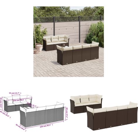 vidaXL Salon de jardin 8 pcs avec coussins marron résine tressée