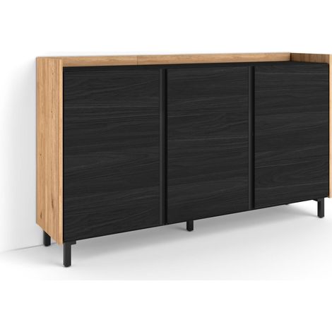 Skraut Home - Credenza, Mobile, Cucina, Madia, mobile ingresso, 156x35x91cm, 3 Porte, Design industriale, Stile moderno, Nero e rovere (1/5)