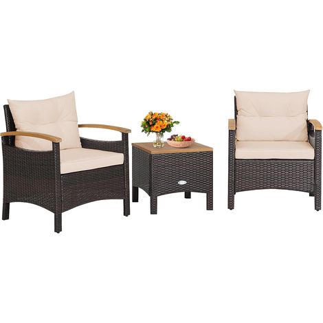 COSTWAY Salon de Jardin Exterieur 3 Pièces de Patio en Rotin Charge 160KG, Ensemble de Meubles 2 Fauteuils Table Basse avec Coussin Amovible Accoudoirs en Bois d’Acacia (Jaune Terre) (1/5)