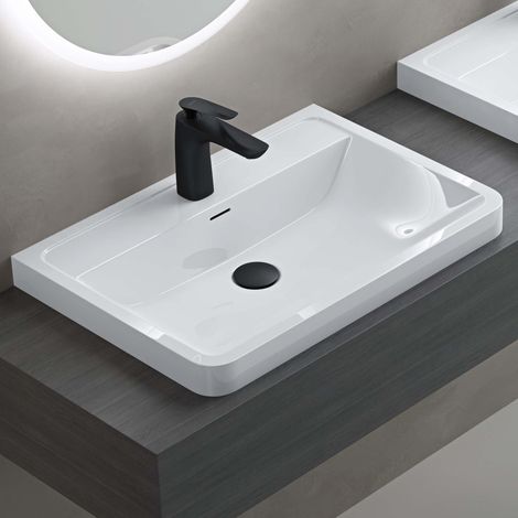 doporro Lavabo empotrado Baño Lavabo Rectangular Blanco Brillante Mármol Fundido con Recubrimiento de Nano 90x48x14,5 cm con Orificio para Grifo y Rebosadero Colossum08