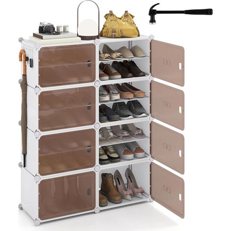COSTWAY Scarpiera Salvaspazio a 8 Scomparti, Porta Scarpe da 32 Paia con Mensole Rimovibili, Ganci Laterali e Porte Magnetiche, Scatole per Scarpe Impilabile in Plastica (95×32×126 cm) (1/5)