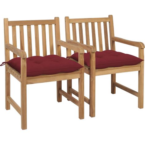Chaises de jardin lot de 2 avec coussins bordeaux Teck massif vidaXL (1/5)