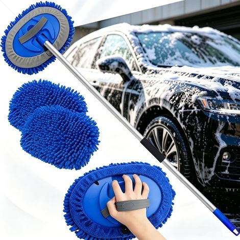 Brosse de lavage, kit de lavage auto 2 en 1, manche long en microfibre chenille, kit d'entretien auto, 2 têtes de rechange anti-rayures, pour camions, camping-cars et voitures, manche réglable, bleu (1/5)