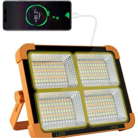 Foco LED recargable, linterna de trabajo portátil con panel solar, lámpara recargable por USB, para camping, obra, garaje, taller.