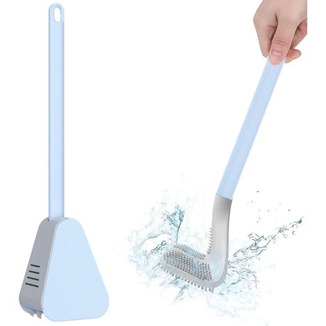 Brush Toilet - Long Handle - Triangular Silicone Head - Wall-Mountable Holder Included - Blue - 1 Piece (1/5)