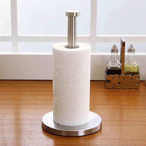 Portarotolo da cucina Allecta in acciaio inox, autoportante e verticale. Pratico accessorio per rotoli di carta assorbente e di carta in cucina, bagno e spazi esterni. (1/5)