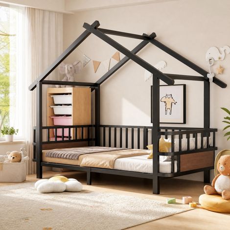 Lit enfant en métal 90 x 200 cm en forme de maison avec barrière de sécurité, noir HAVRYA (1/5)