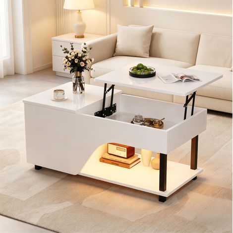 Mesa de centro elevable 100 x 50 x 46 cm con almacenamiento oculto, blanca, brillo (1/5)