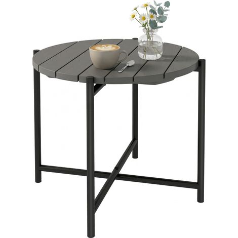 Outsunny 54 cm Round Garden Table, Slatted Wood Top Outdoor Table, Dark Grey
