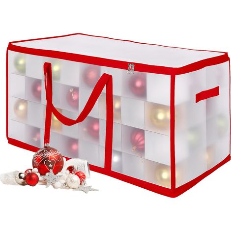 Caja de almacenamiento para bolas de Navidad Relaxdays, 128 bolas, 37x73x36 cm, plástico, cartón, caja roja transparente