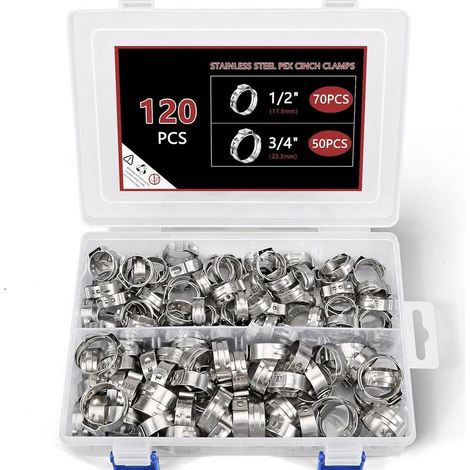 120-teiliges Set mit 1/2", 3/4" PEX-Klemmschellen, Premium-PEX-Klemmen aus Edelstahl 304, PEX-Klemmringe, Klemmringe für PEX-Rohrverschraubungen (1/5)