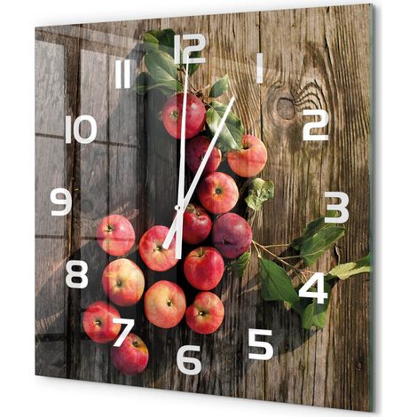 Grande Horloge Murale Carrée Moderne Décorative Verre Trempé Élégante Salon Pommes sur la table 60x60 cm (1/5)