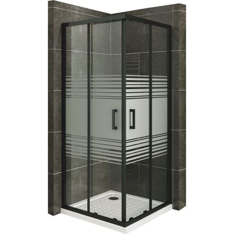 MOG Mampara de Ducha 75x90 cm altura: 190 cm con puertas correderas de esquina con perfiles negros 6mm Vidrio parcialmente satinado de seguridad – DK79 con Plato de Ducha (1/5)